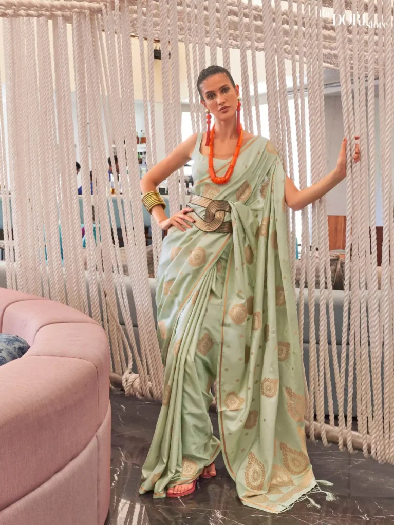 Light Green Pure Satin Copper Zari Weaving Saree - party wear saree