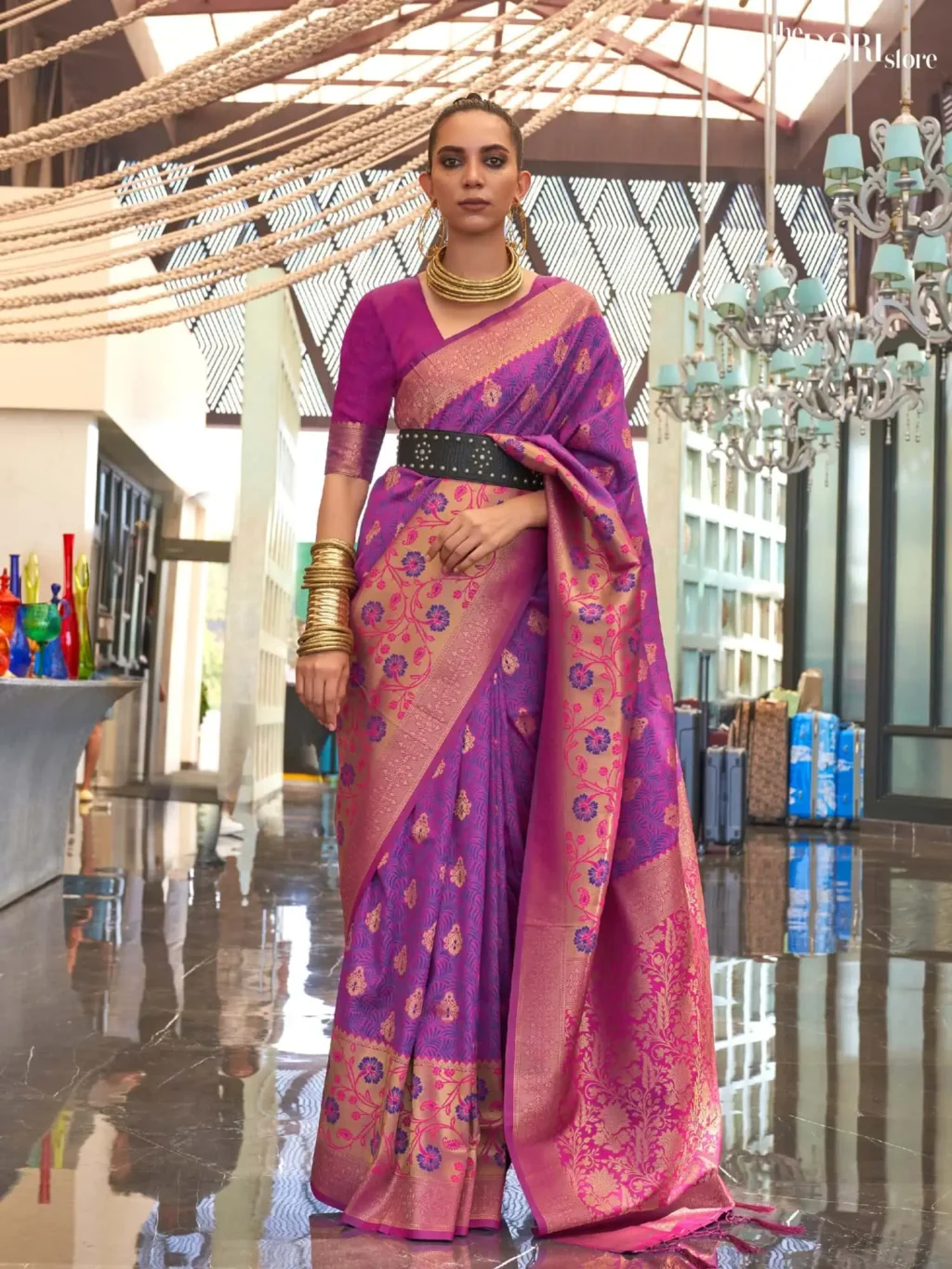 Royal Purple Contrast Handloom Banarasi Silk Saree - party wear saree
