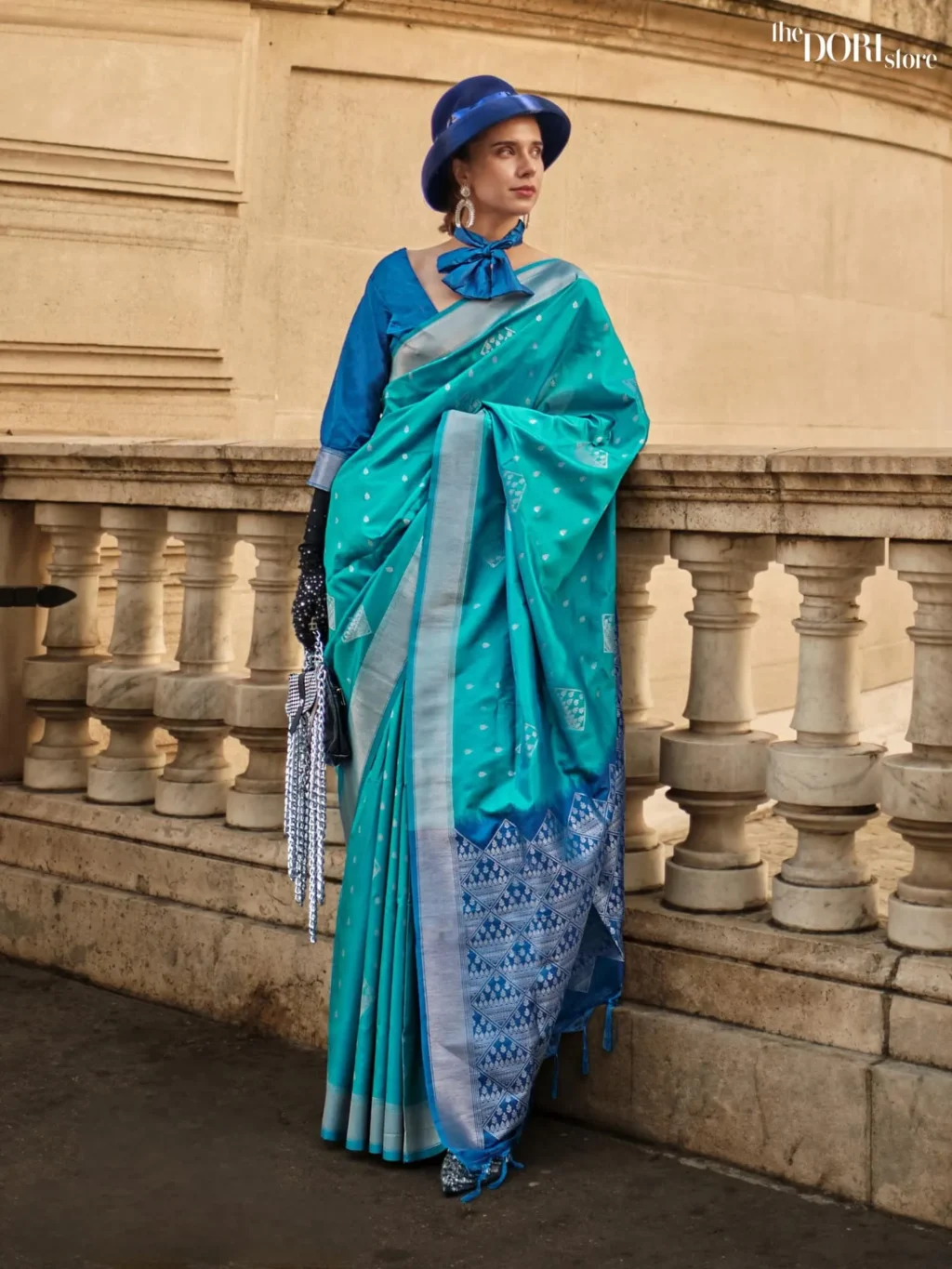 Teal Blue Handloom Soft Silk Saree with Contrast Blouse  - party wear saree