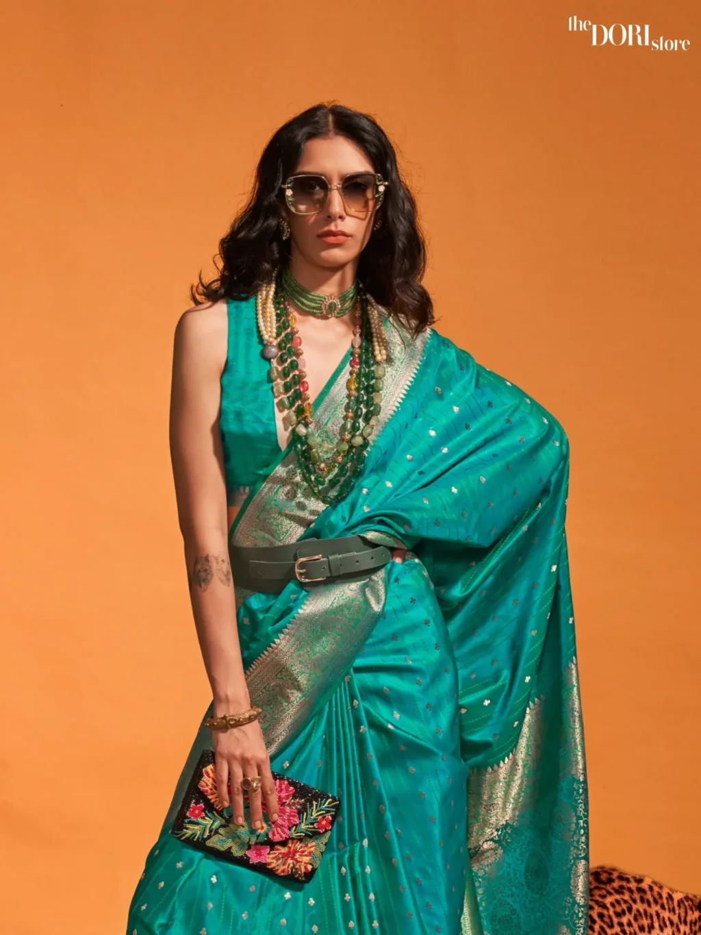 Iris Blue Dual Tone Banarasi Satin Silk Sare - Image 3