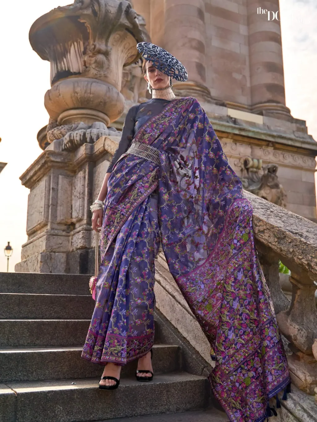 Royal Blue Floral Handloom Parsi Organza Woven Silk Saree  - party wear saree