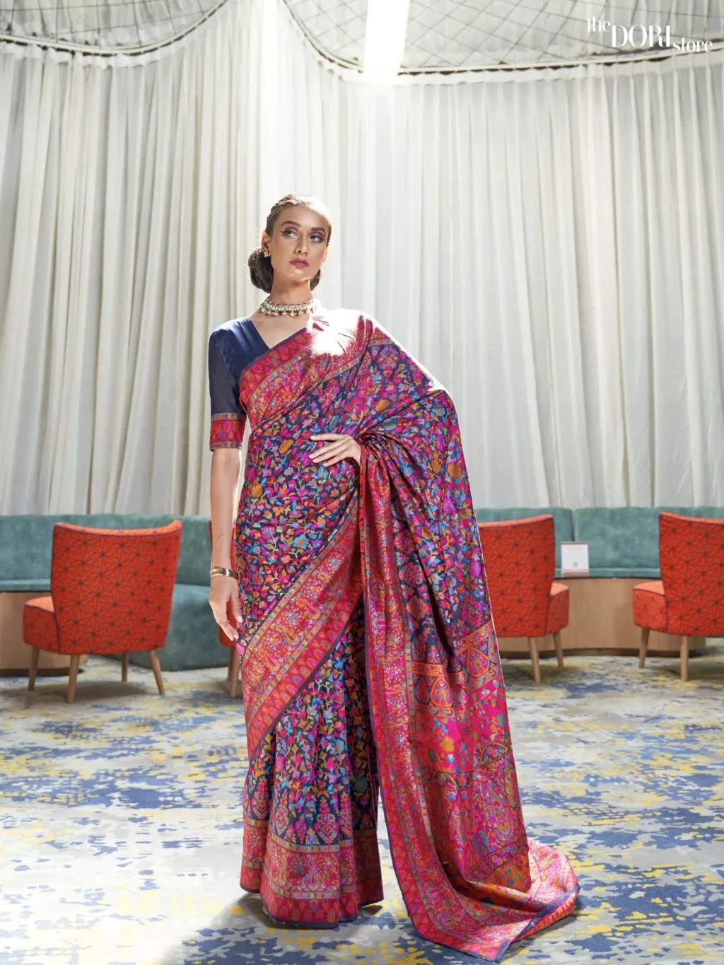 Royal Blue Multicolor Jamewar Weaving Saree - party wear saree