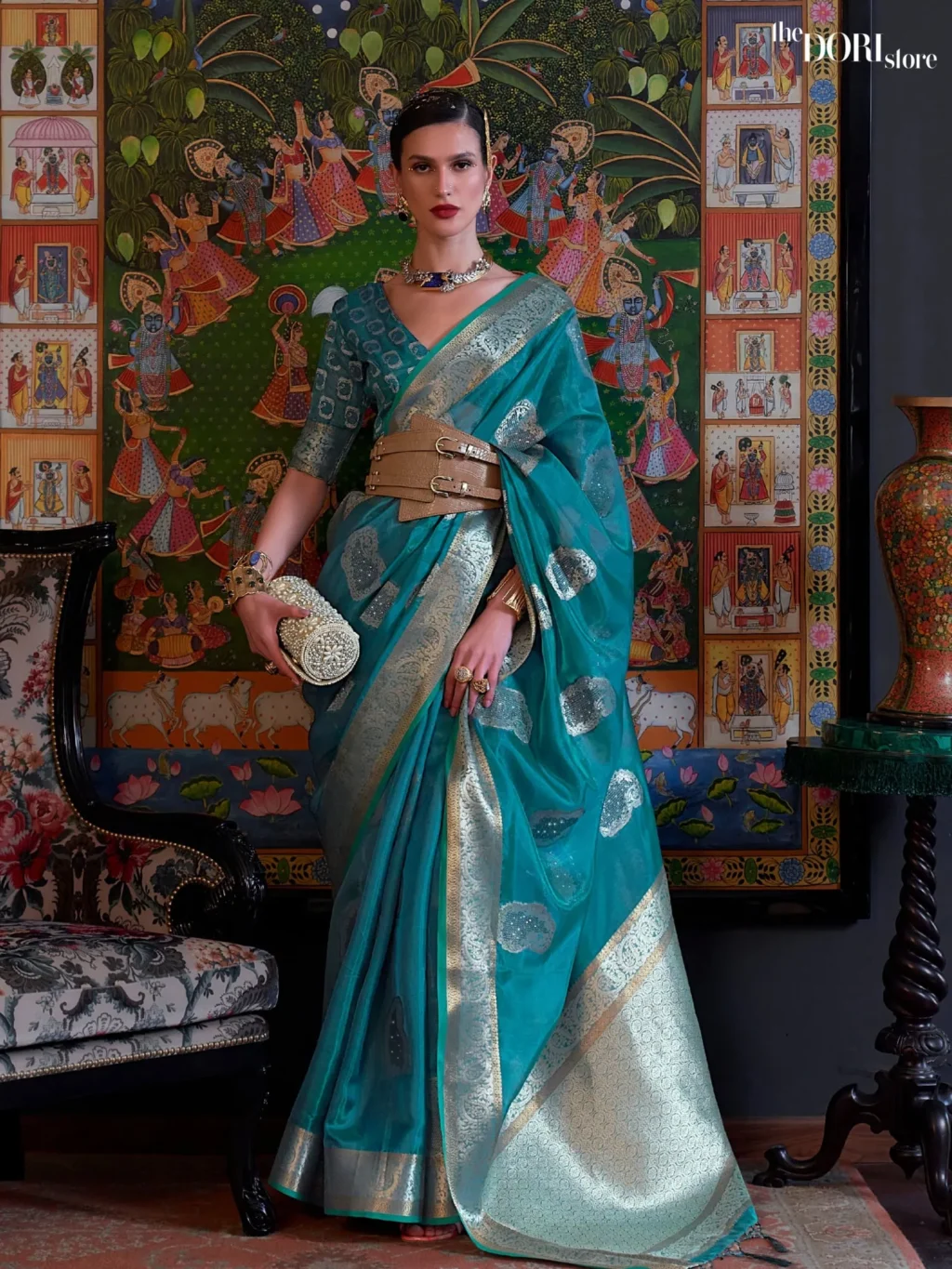 Ethnic Blue Partywear Organza Silk Saree - party wear saree