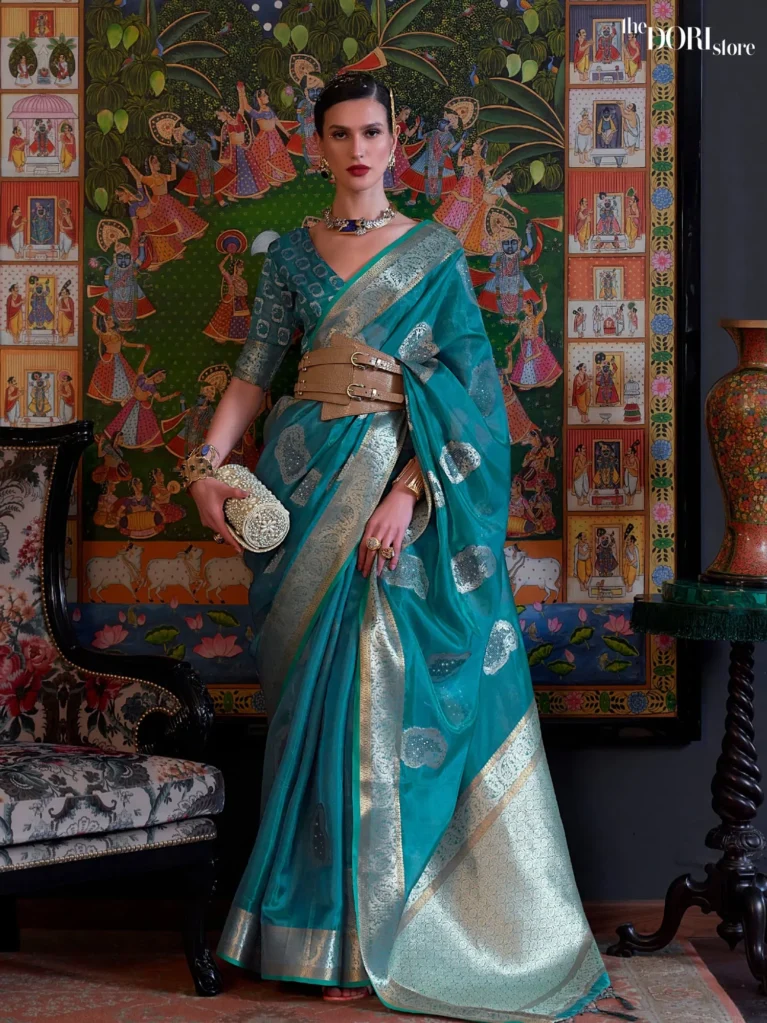 Ethnic Blue Partywear Organza Silk Saree - party wear saree