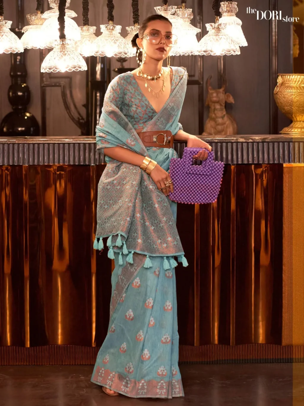Light Blue Pure Linen Copper Zari Woven Saree - party wear saree