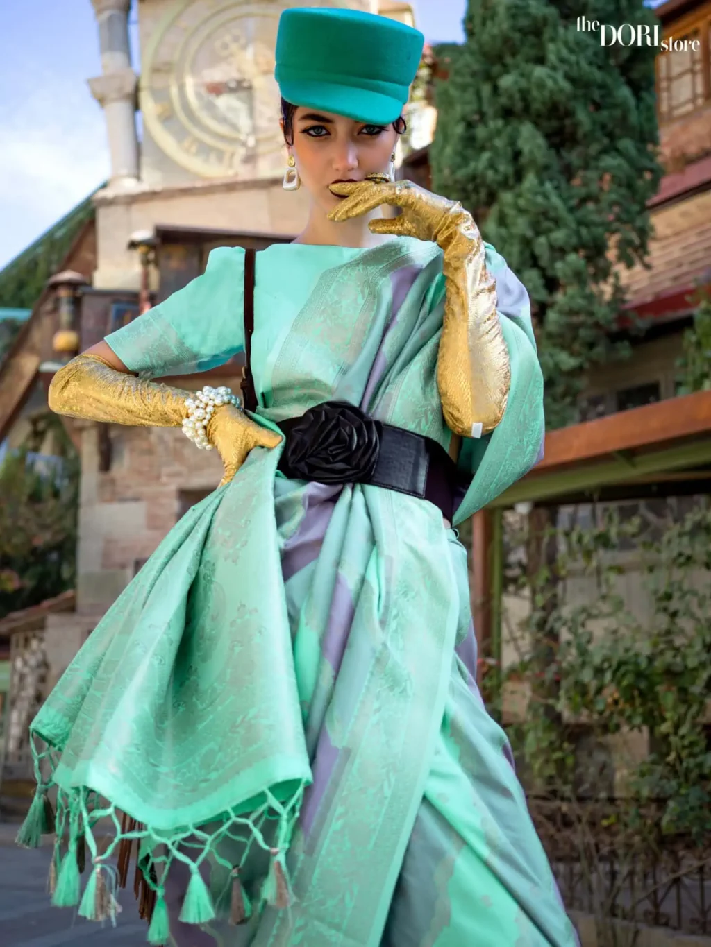 Aquamarine Green Rangkath Soft Silk Woven Saree - Image 3