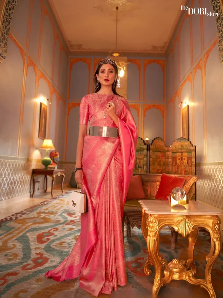 Royal Rose Pink Designer Kanjeevaram Silk Saree - party wear saree