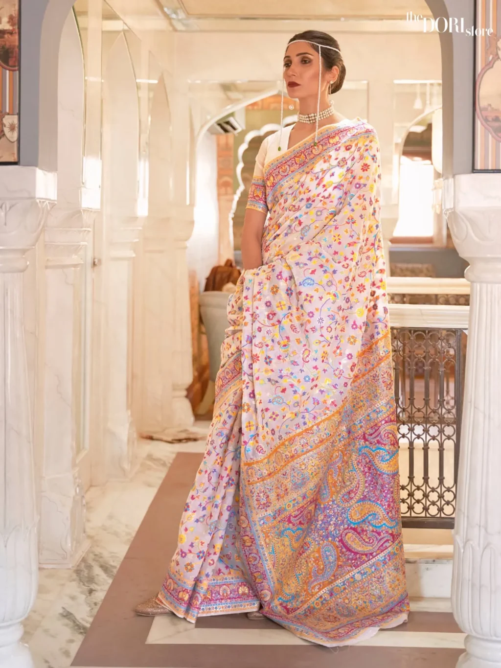 Off White Kashmiri Handloom Weaving Silk Saree - party wear saree