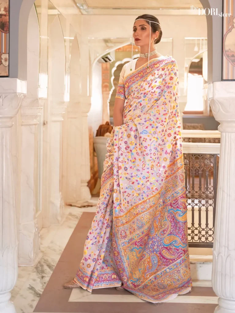 Off White Kashmiri Handloom Weaving Silk Saree - party wear saree