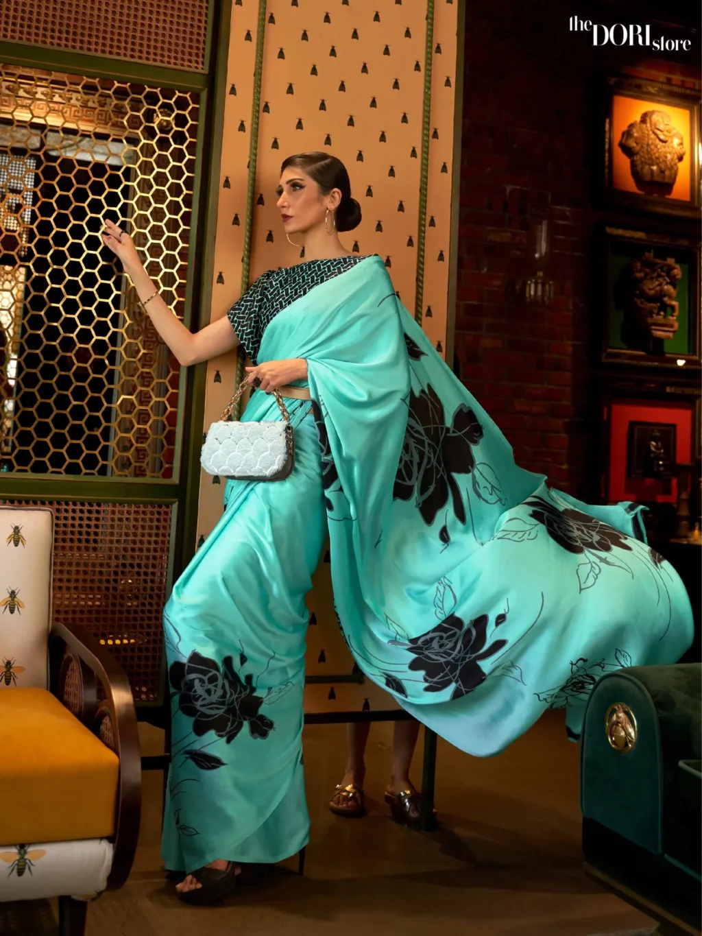 Light Blue Printed Japan Satin Crepe Saree - party wear saree
