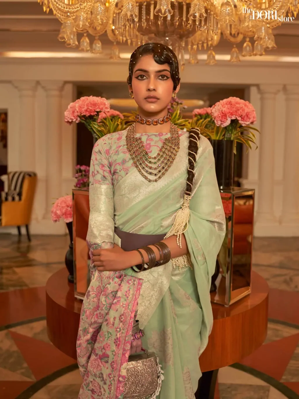 Pista Green Handloom Woven Silk Saree with Kashmiri Pallu - Image 2