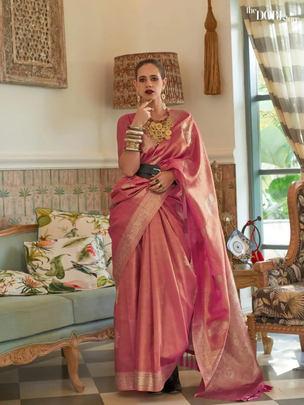 Blush Pink Partywear Satin Tissue Silk Saree - party wear saree