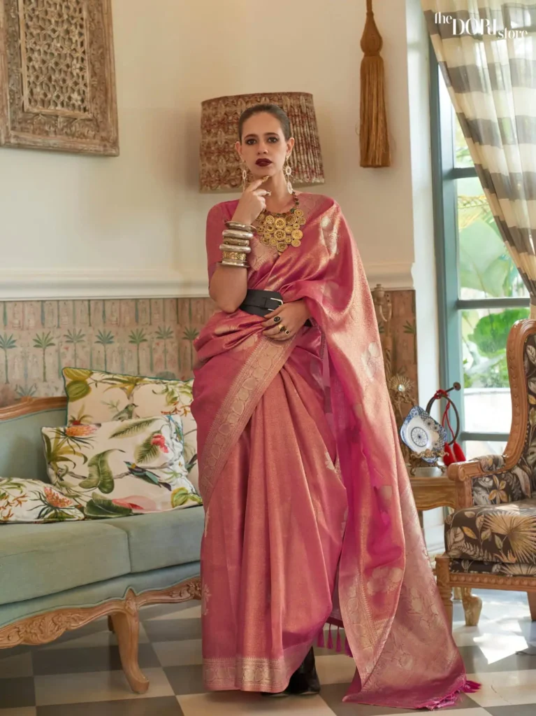 Blush Pink Partywear Satin Tissue Silk Saree - party wear saree