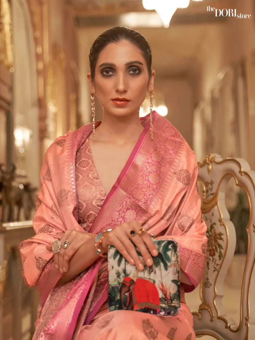 Peach Pink Floral Banarasi Handloom Woven Silk Saree - Image 2