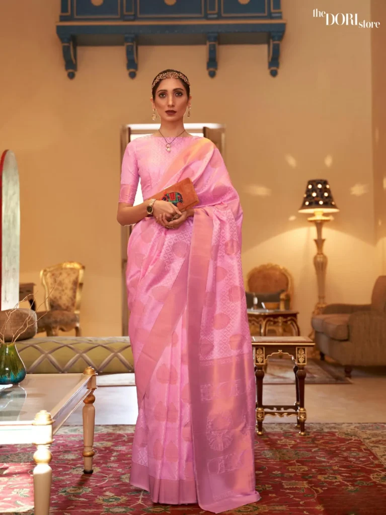 Elegant Partywear Pink Zari Kanjeevaram Silk Woven Saree - party wear saree