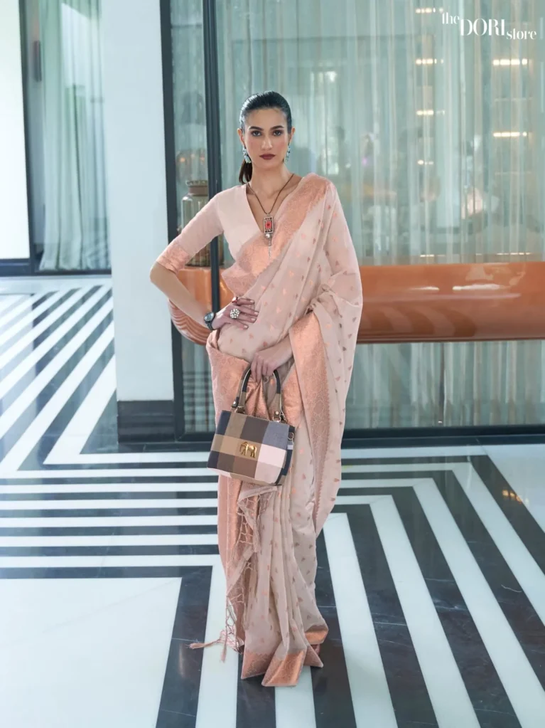 Peach Pink Mukaish Weaving Handloom Silk Saree - party wear saree