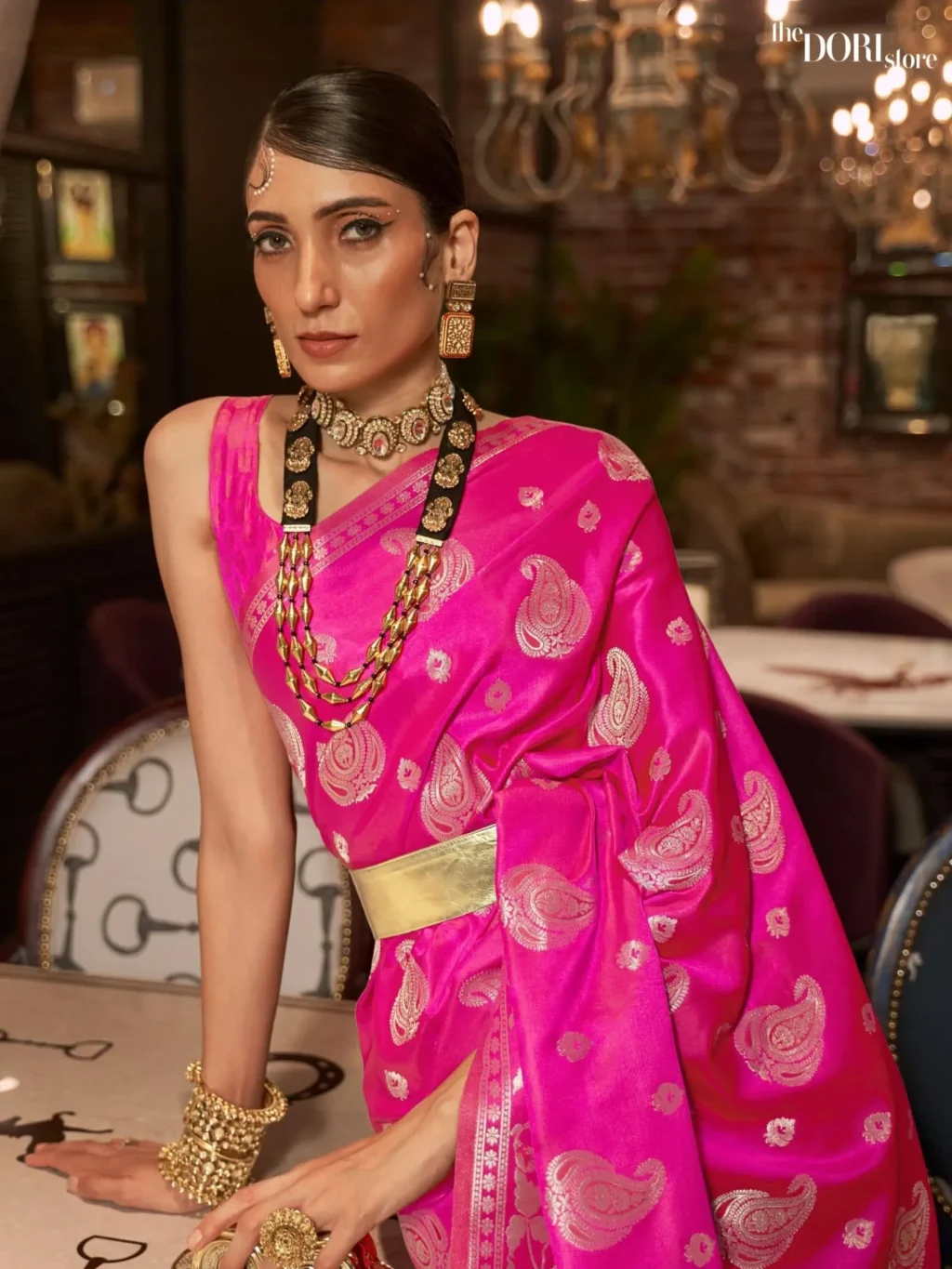 Queen Pink Designer Banarasi Satin Silk Saree - Image 2