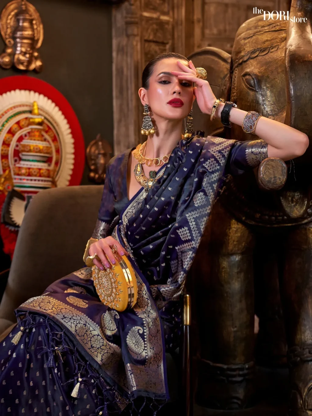 Royal Deep Blue Designer Pure Satin Silk Saree - Image 2