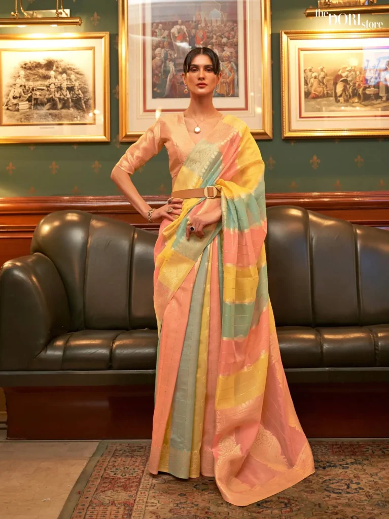 Beautiful Peach and Yellow Multicolor Organza Silk Saree - party wear saree