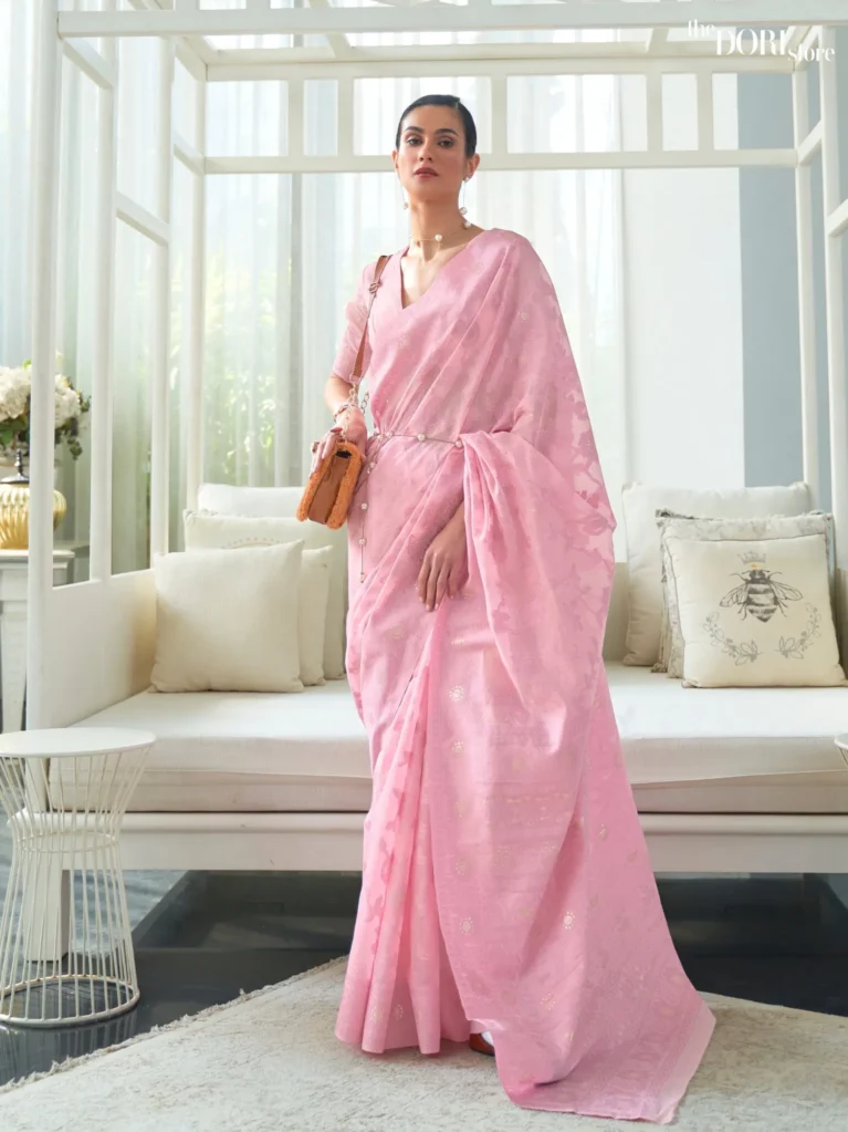 Beautiful Light Pink Chickankari Lucknowi Woven Saree - party wear saree