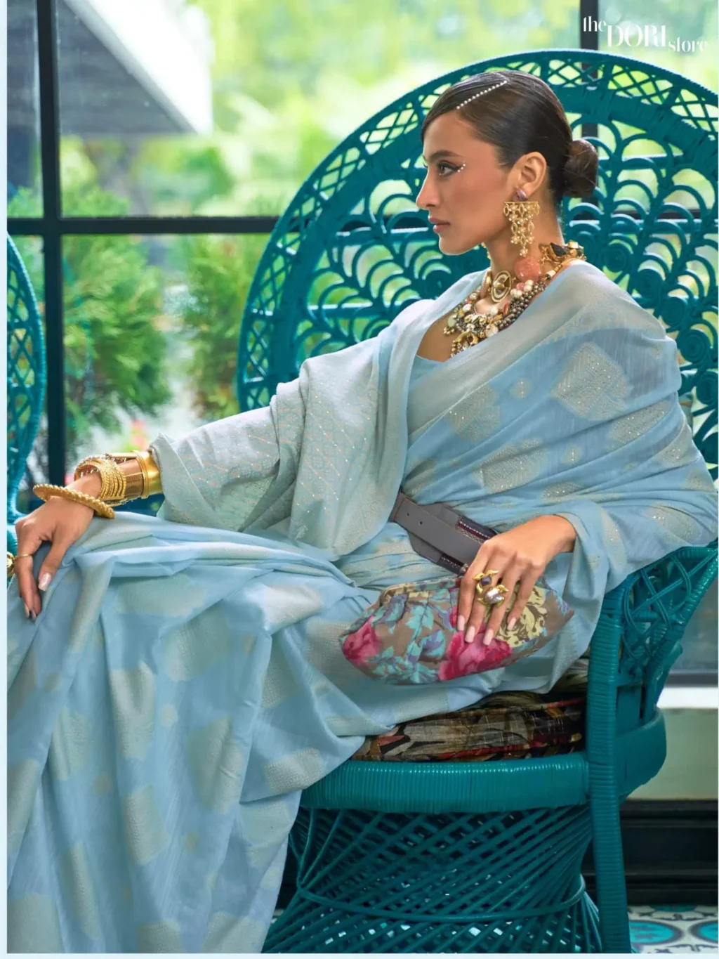 Light Blue Chickankari Lucknowi Banarasi Silk Saree - Image 2