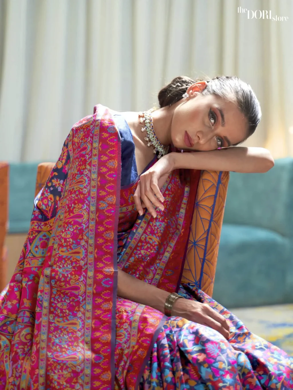 Royal Blue Multicolor Jamewar Weaving Saree - Image 2