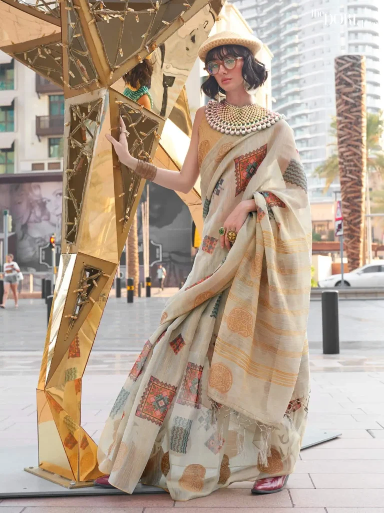 Goldenish Grey Printed Handloom Linen saree Saree - party wear saree