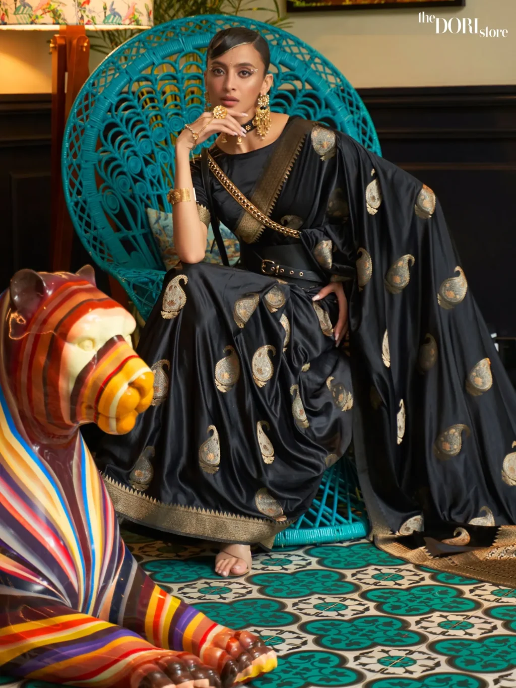Jet Black Woven  Banarasi Satin Silk Saree - party wear saree