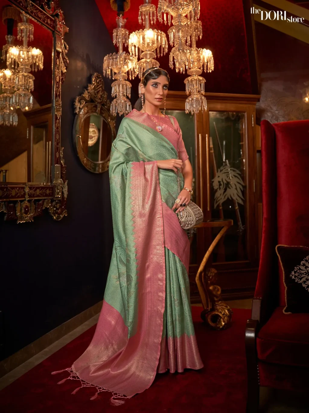 Pinkish Sea Green Soft Banarasi Handloom Silk Woven Saree - party wear saree