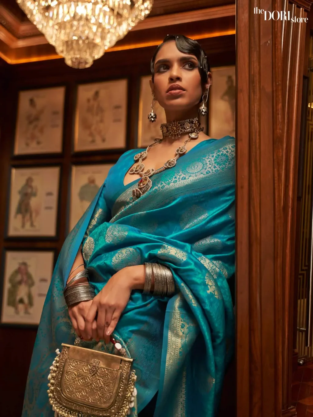Turquoise Blue Designer Banarasi Silk Saree - Image 2