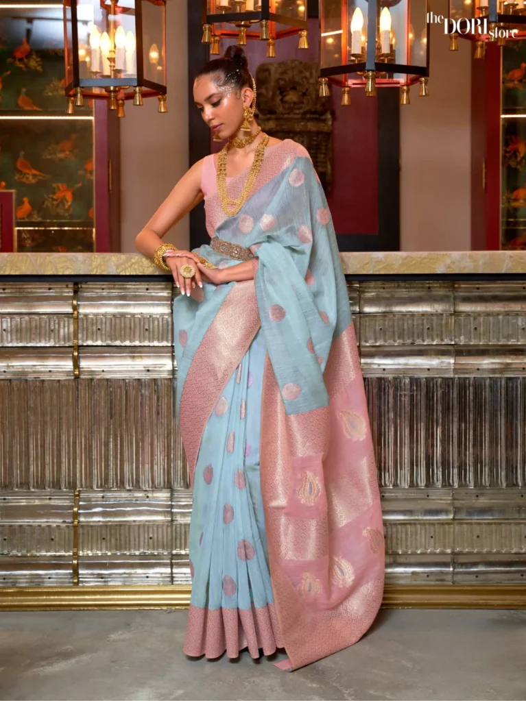 Pinkish Blue Pure Linen Woven Designer Saree - party wear saree