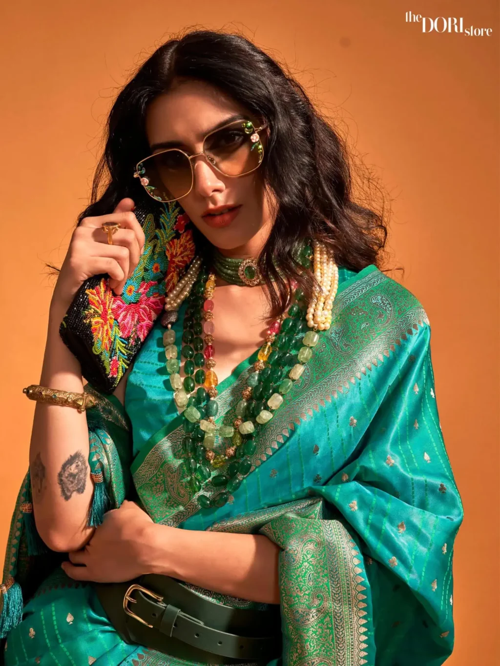 Iris Blue Dual Tone Banarasi Satin Silk Sare - Image 2