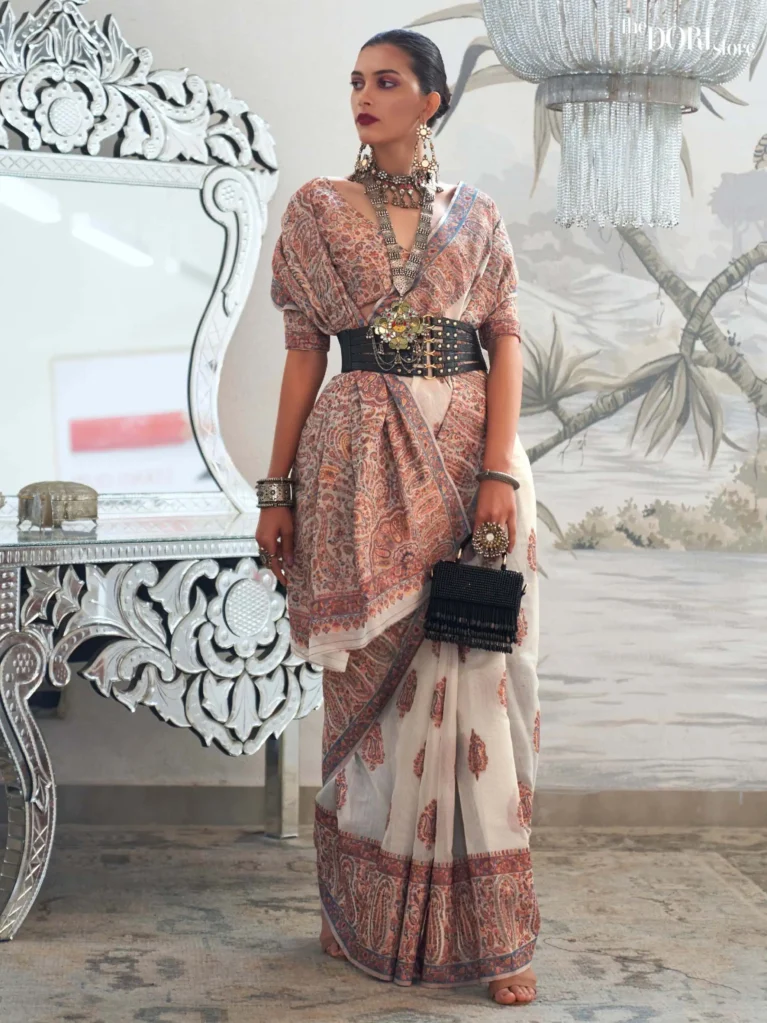 Ethnic Off White Modal Kashmiri Handloom Silk Saree - party wear saree