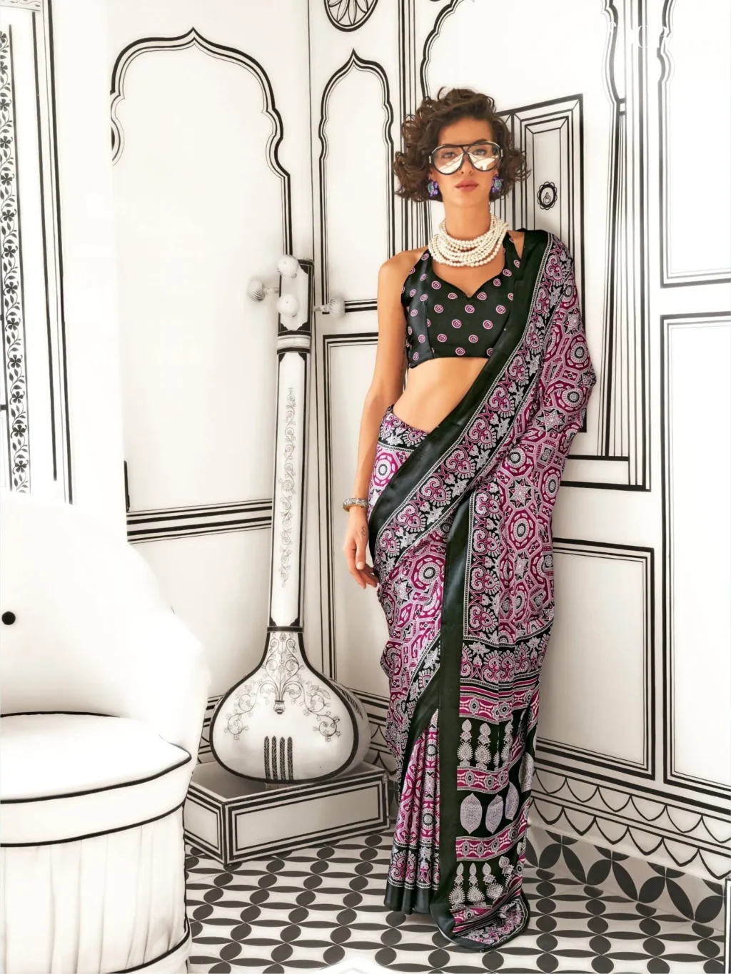 Black and Purple Light Weight Printed Ajrakh Satin Crepe Saree - party wear saree