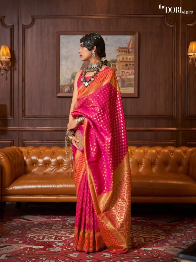 Orange Pink Ethnic Banarasi woven saree - party wear saree