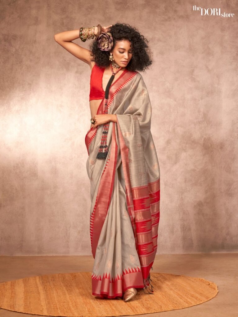 Silver Grey Banarasi Silk Saree with Contrast Border  - party wear saree