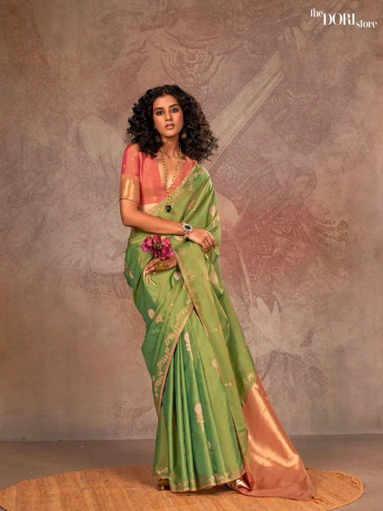 Ethnic Lime Green Dual Tone Banarasi Handloom Silk Saree - party wear saree