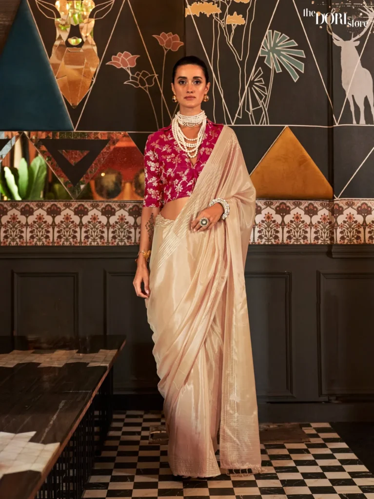 Ethnic Golden Pure Viscose Handloom Silk Saree with Contrast Blouse  - party wear saree