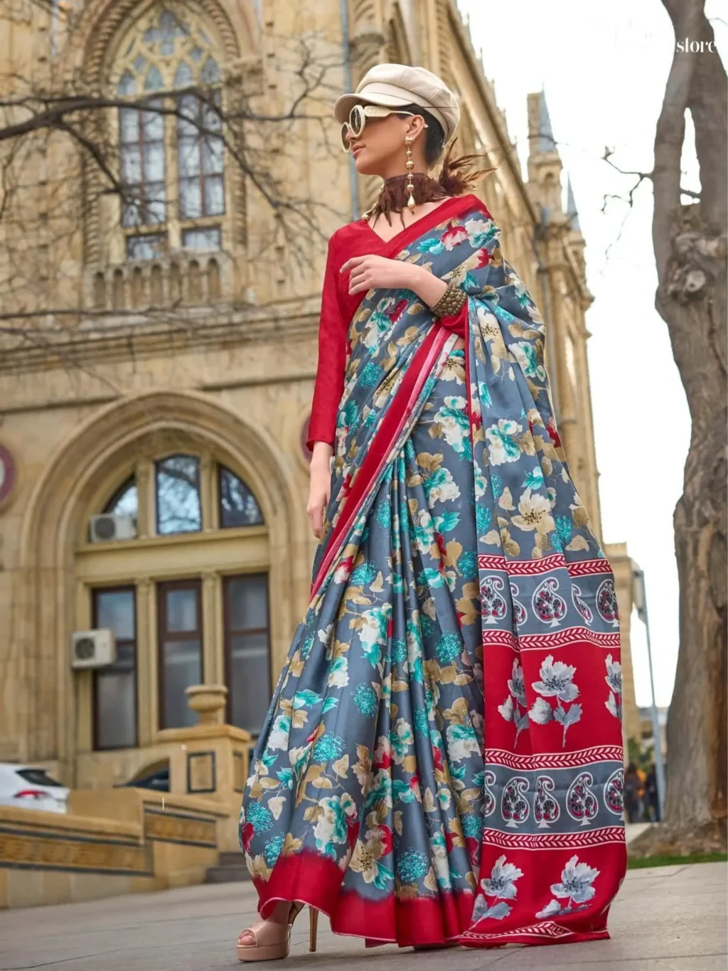 Reddish Grey Printed Crepe Soft Silk Saree - party wear saree