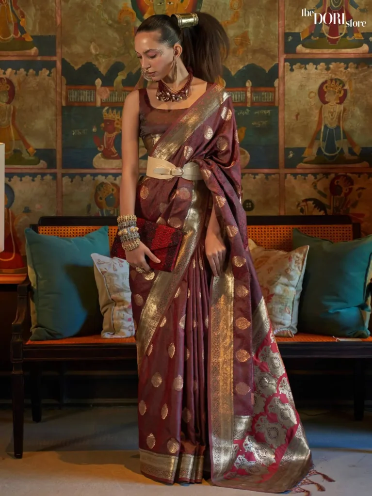 Brown Pure Satin Partywear Banarasi Silk Saree - party wear saree