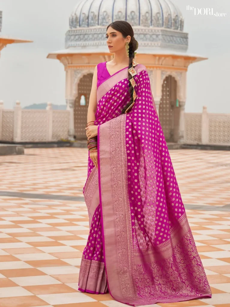 Magenta Pink Nylon Handloom Georgette Silk Saree - party wear saree