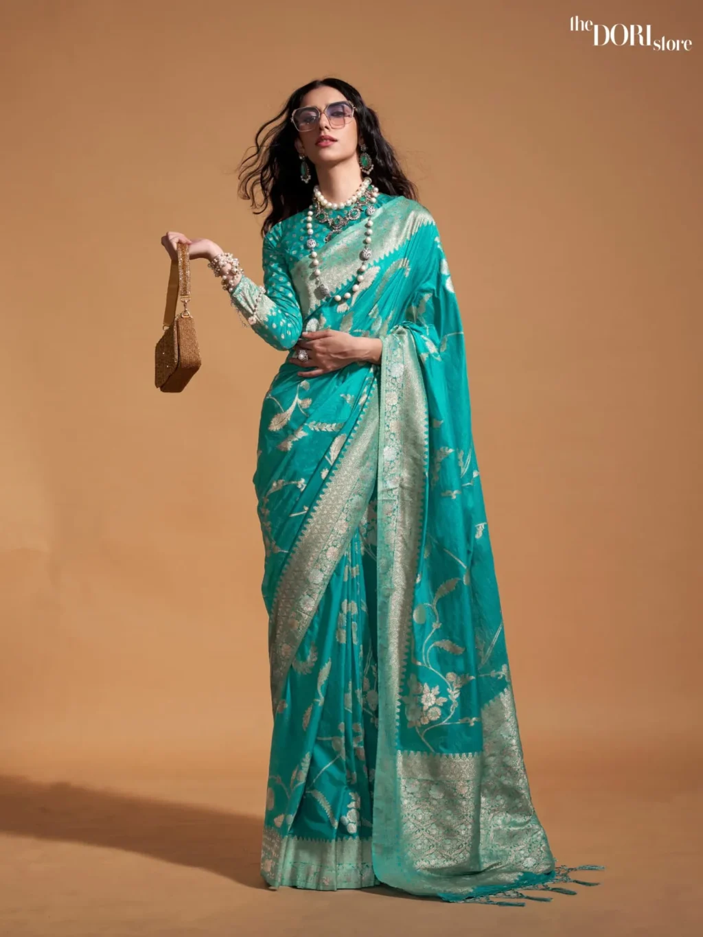 Ethnic Teal Blue Banarasi Georgette Handloom Silk Saree - party wear saree