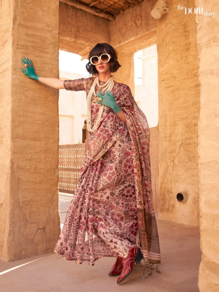 Peach Pink Printed Zari Tissue Woven Silk Saree - party wear saree