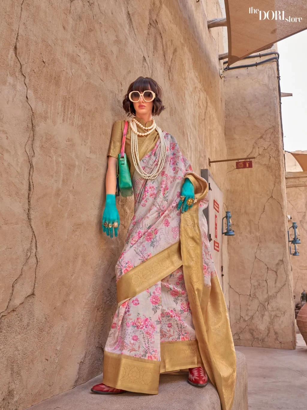 Golden and Light Pink Handloom Printed Georgette Silk Saree - party wear saree