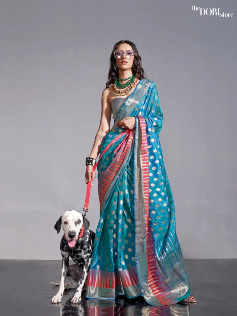 Teal Blue Zari Woven Pure Handloom Banarasi Silk Saree - party wear saree