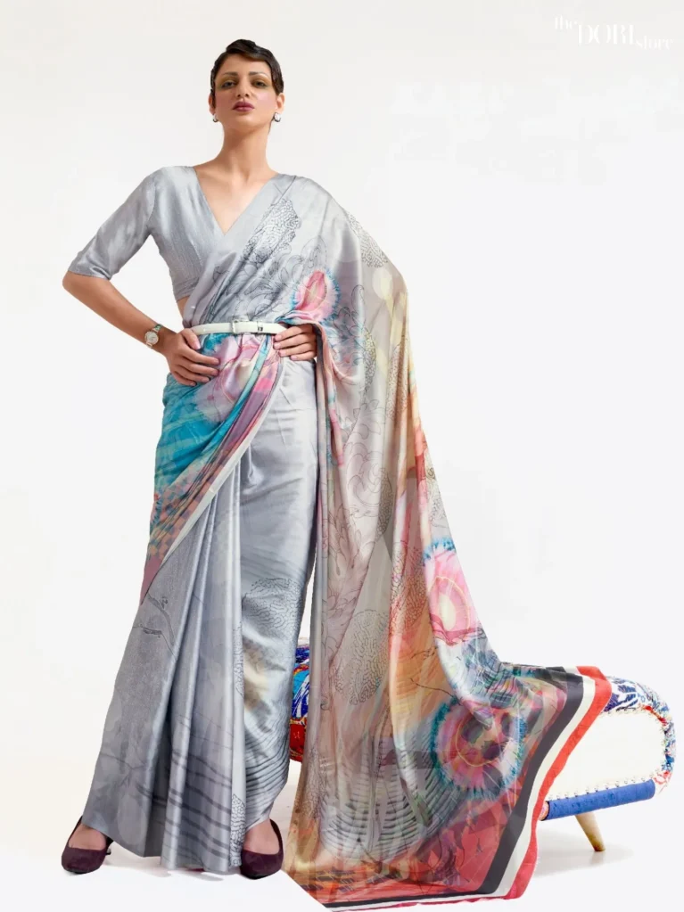 Light Grey Digital Printed Soft Crepe Silk Saree - party wear saree