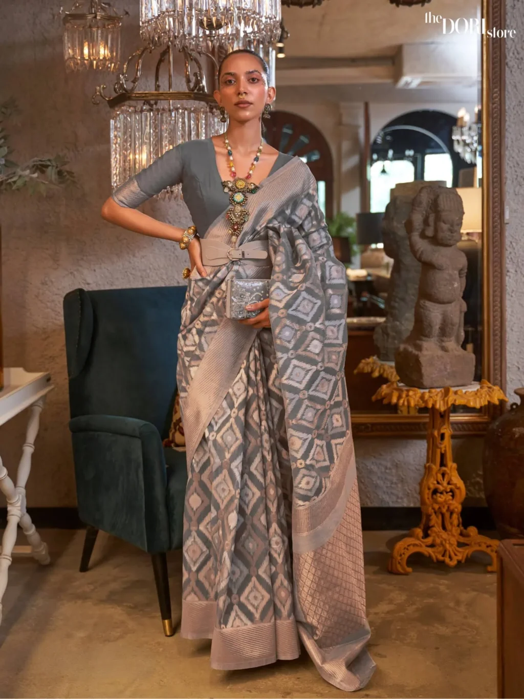 Ethnic Grey Pure Linen Designer Handloom Woven Saree - party wear saree