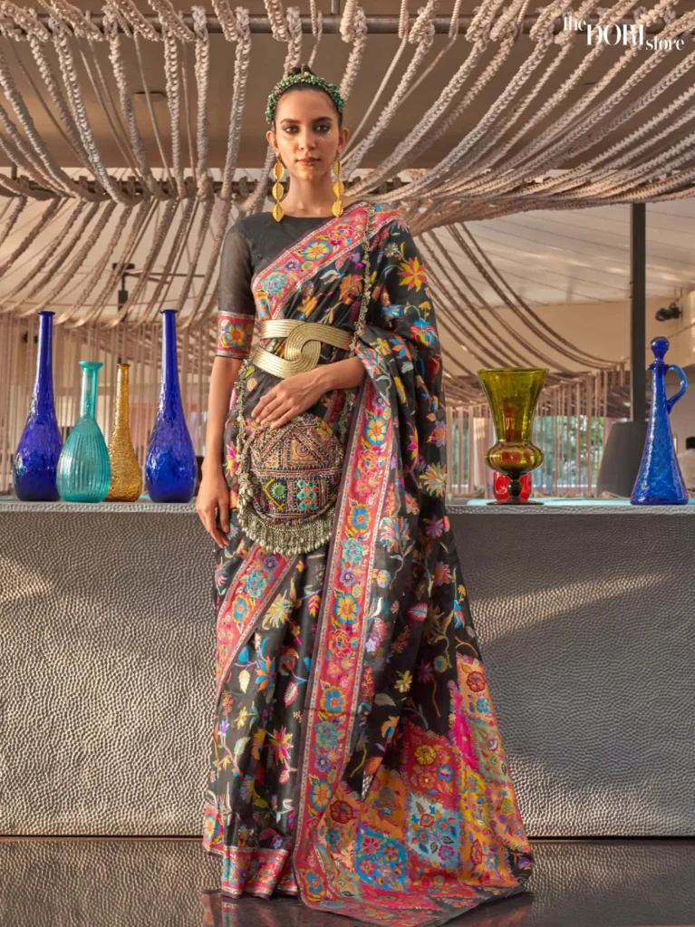Slate Black Kashmiri Floral Modal Handloom Silk Woven Saree - party wear saree
