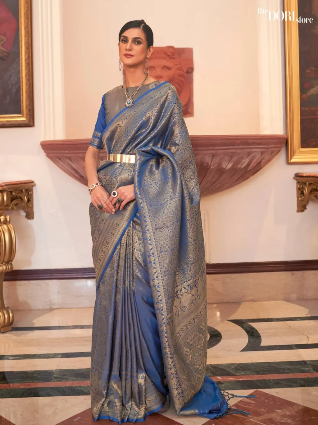Deep Blue Dual Tone Kanjeevaram Woven Silk Saree - party wear saree