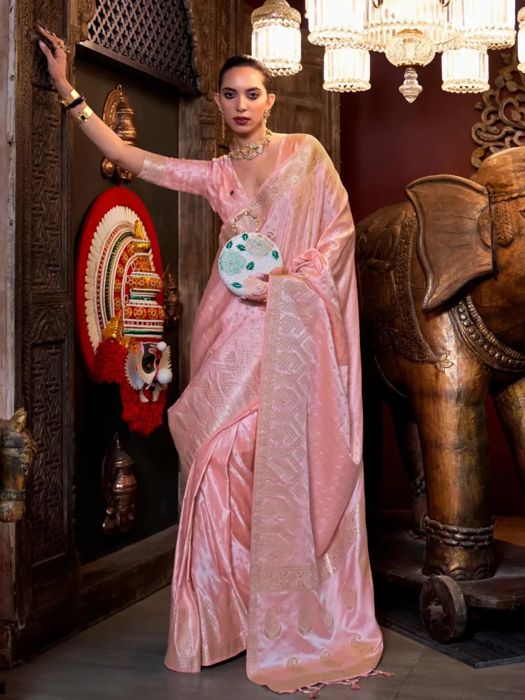 Light Baby Pink Designer Pure Satin Silk Saree   - party wear saree
